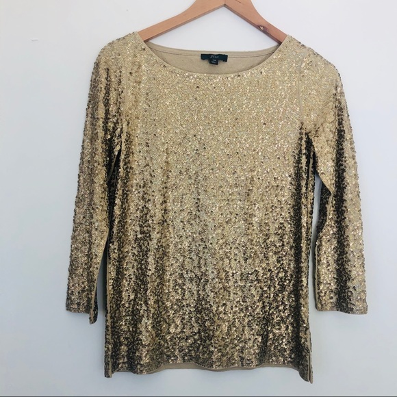J. Crew Gold Sequined 3/4 Sleeve Shimmer Party Top - Picture 4 of 8
